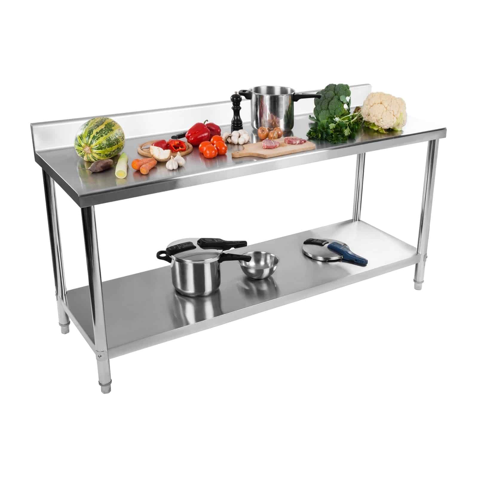 Royal Catering RCAT-180/60-S - Mesa de Trabajo (Acero Inoxidable, 180 x 60 cm, 1 Superficie de Trabajo y 1 Estante, hasta 400 kg, con Cantos Ajustables, Acero Inoxidable)