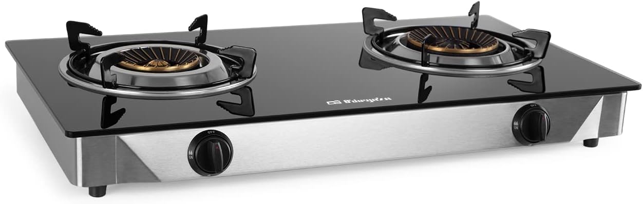 Orbegozo FO 2720, Hornillo de gas, 2 quemadores de triple corona, sistema seguridad FFD, apto para gas butano y propano, superficie cristal negro, cuerpo acero inox