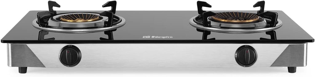 Orbegozo FO 2720, Hornillo de gas, 2 quemadores de triple corona, sistema seguridad FFD, apto para gas butano y propano, superficie cristal negro, cuerpo acero inox