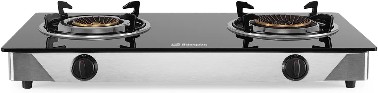 Orbegozo FO 2720, Hornillo de gas, 2 quemadores de triple corona, sistema seguridad FFD, apto para gas butano y propano, superficie cristal negro, cuerpo acero inox