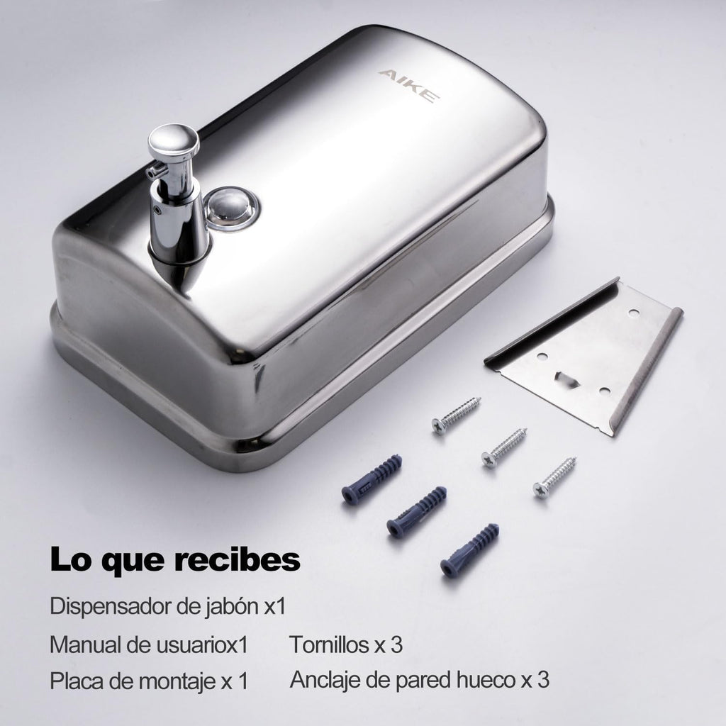 AIKE AK1001 Dispensador de Jabon de Manos, Comercial Dispensador de Jabón Pared de Acero Inoxidable Recargable (Pulido 500ML)