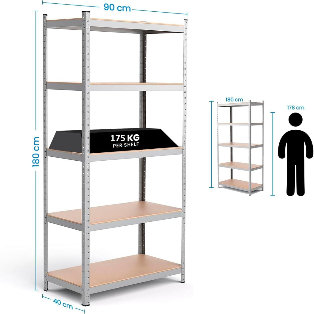 Estanterias Almacenaje, 180 x 90 x 40 cm, Metalicas, Galvanizadas, Material MDF, para Hogar, Trastero, Garaje, 5 Baldas Ajustables, Carga Máxima 875 kg (2 Unidades)