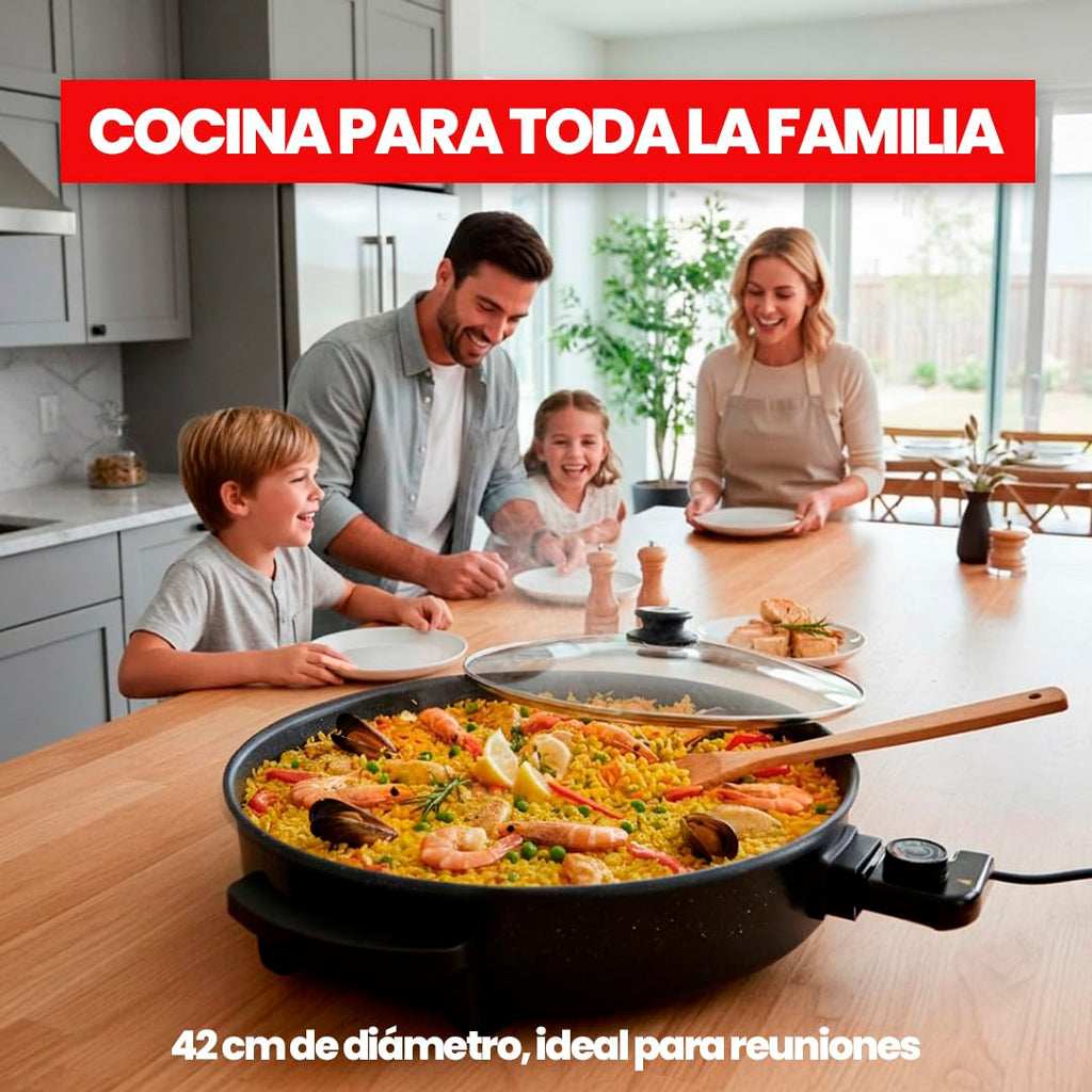 SOGO Sartén Paellera eléctrica con Tapa de Cristal Reforzado y Recubrimiento antiadherente | Ø interior 30 cm | profundidad 5 cm | termostato ajustable hasta 240º C | 1500W | SIN PFOA