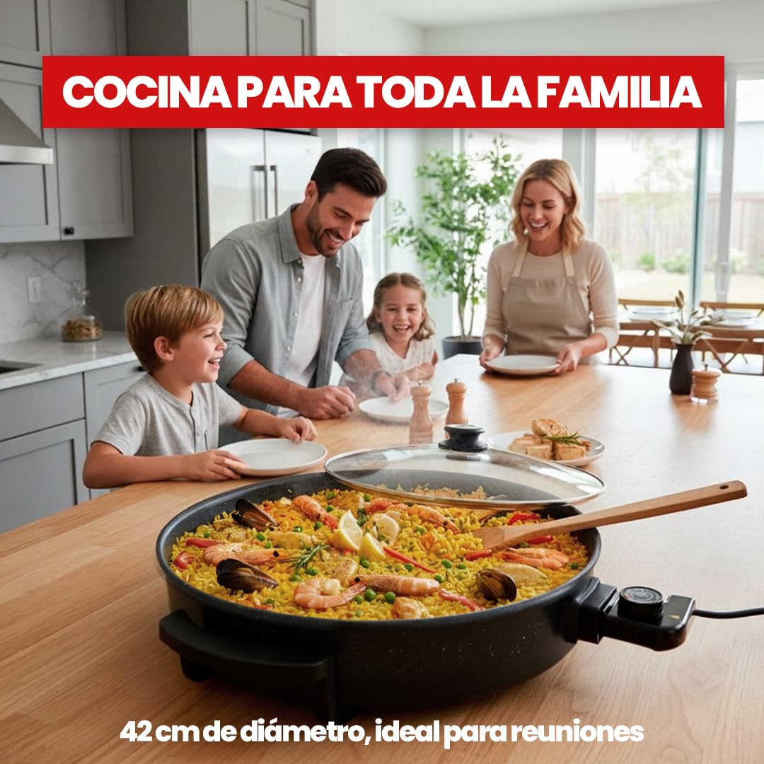 SOGO Sartén Paellera eléctrica con Tapa de Cristal Reforzado y Recubrimiento antiadherente | Ø interior 30 cm | profundidad 5 cm | termostato ajustable hasta 240º C | 1500W | SIN PFOA