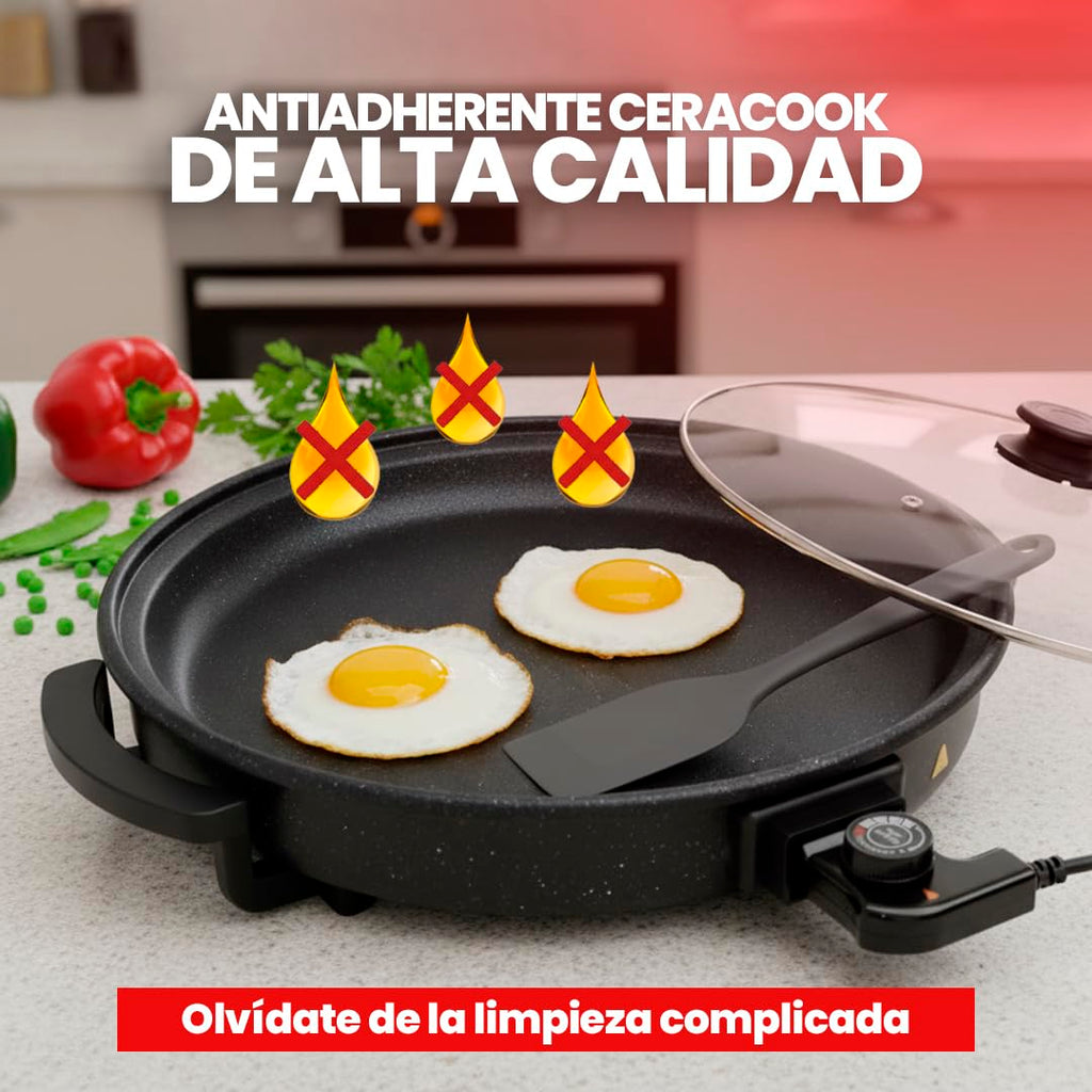 SOGO Sartén Paellera eléctrica con Tapa de Cristal Reforzado y Recubrimiento antiadherente | Ø interior 30 cm | profundidad 5 cm | termostato ajustable hasta 240º C | 1500W | SIN PFOA