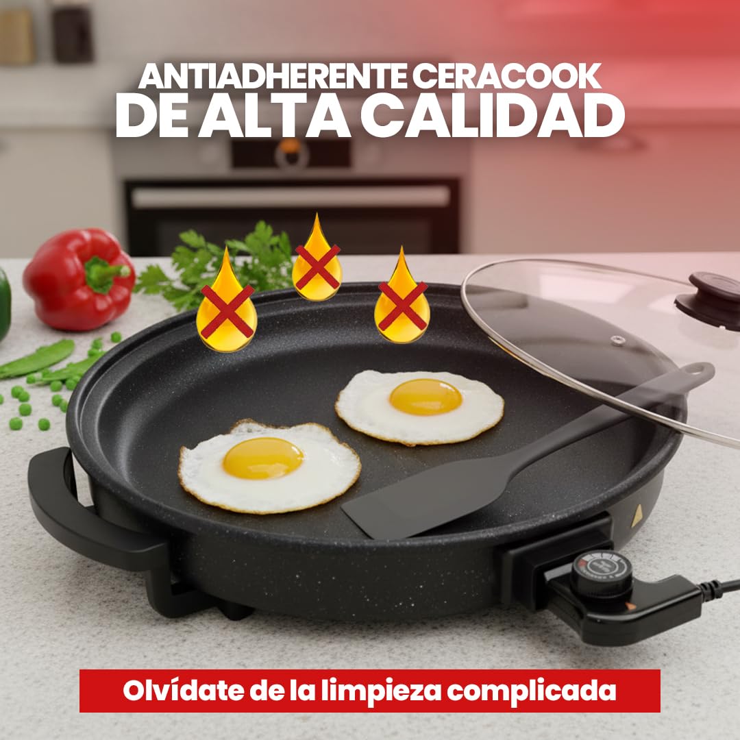 SOGO Sartén Paellera eléctrica con Tapa de Cristal Reforzado y Recubrimiento antiadherente | Ø interior 30 cm | profundidad 5 cm | termostato ajustable hasta 240º C | 1500W | SIN PFOA