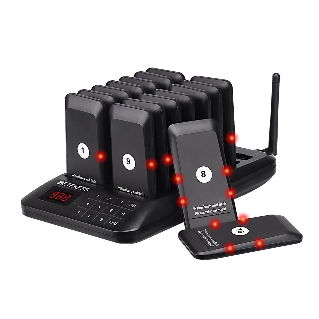 Retekess TD157 Sistema de Llamadas Restaurante, Avisadores Hosteleria, 500M, Fácil De Usar, Estabilidad de La Señal, Batería 300 mAh 20H, para Hotele, Pub, Hospitale (16 Buscapersonas)