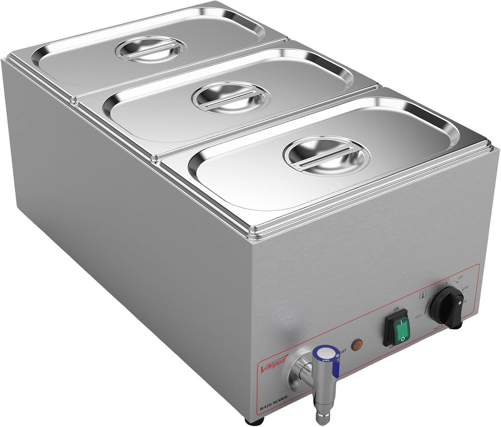 Valgus Calentador de Vapor eléctrico de sobremesa Commercial Stainless Steel 3 Sections 16L Bain Marie con Tapa y Grifo para Fiestas, Banquetes y Catering