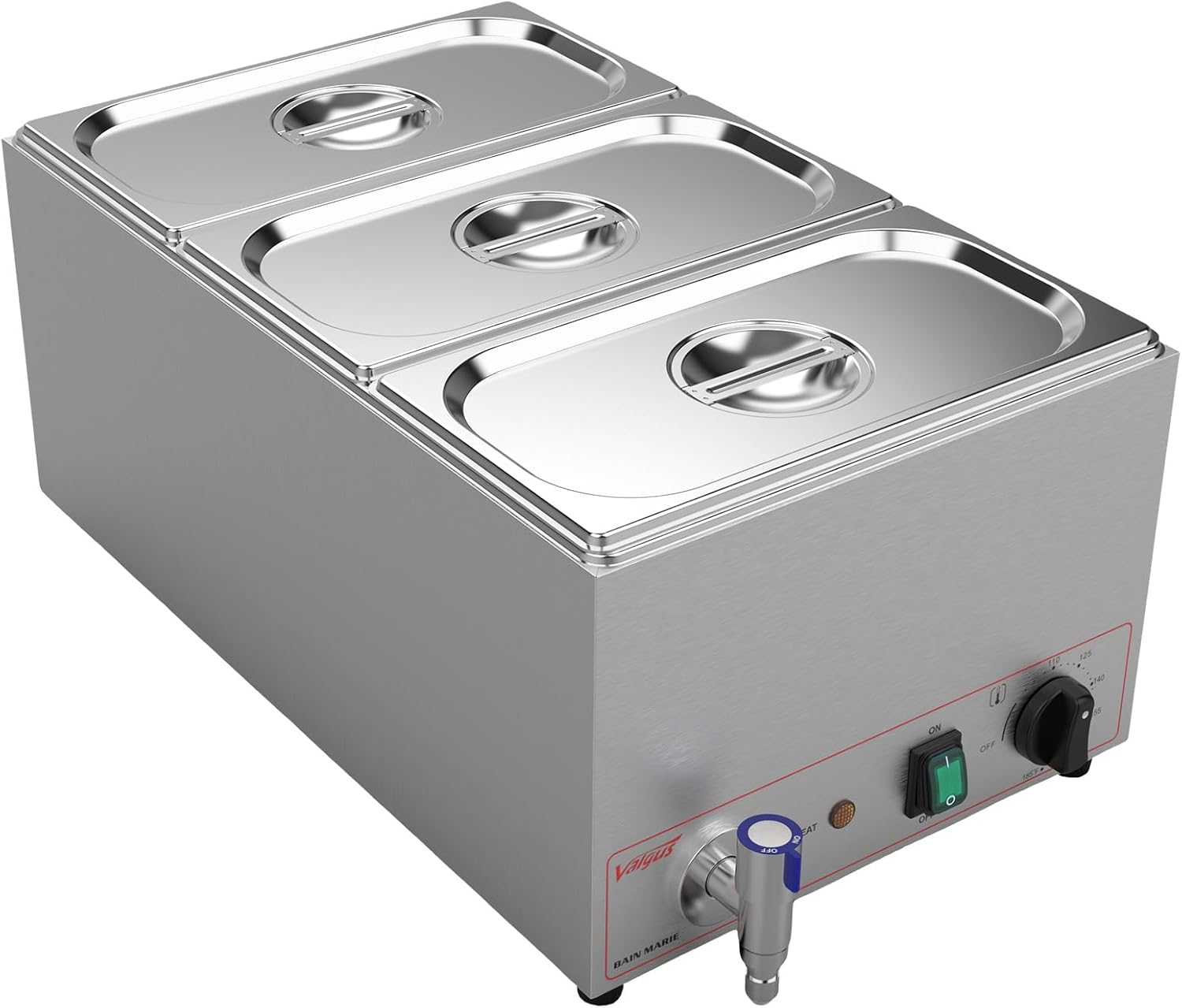 Valgus Calentador de Vapor eléctrico de sobremesa Commercial Stainless Steel 3 Sections 16L Bain Marie con Tapa y Grifo para Fiestas, Banquetes y Catering