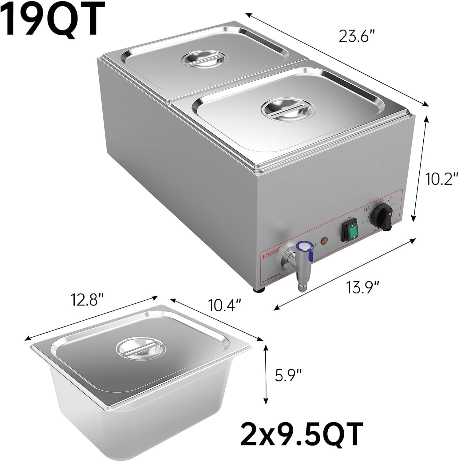 Valgus Calentador de Vapor eléctrico de sobremesa Commercial Stainless Steel 3 Sections 16L Bain Marie con Tapa y Grifo para Fiestas, Banquetes y Catering