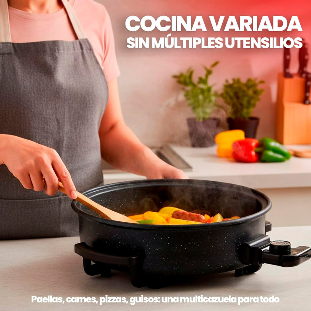 SOGO Sartén Paellera eléctrica con Tapa de Cristal Reforzado y Recubrimiento antiadherente | Ø interior 30 cm | profundidad 5 cm | termostato ajustable hasta 240º C | 1500W | SIN PFOA