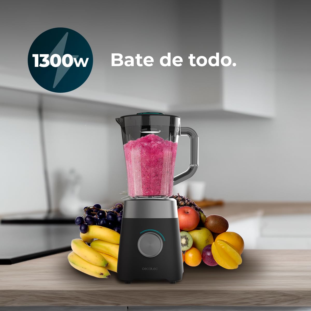 Cecotec Batidora de Vaso con Jarra de 1,5L Power Black Titanium 1300MAX B Pro. 1300W Potencia Máxima, 20000RPM, Cuchillas 4 Hojas de Titanio, 2 Velocidades + Función Pulse, Pica Hielo Fácil