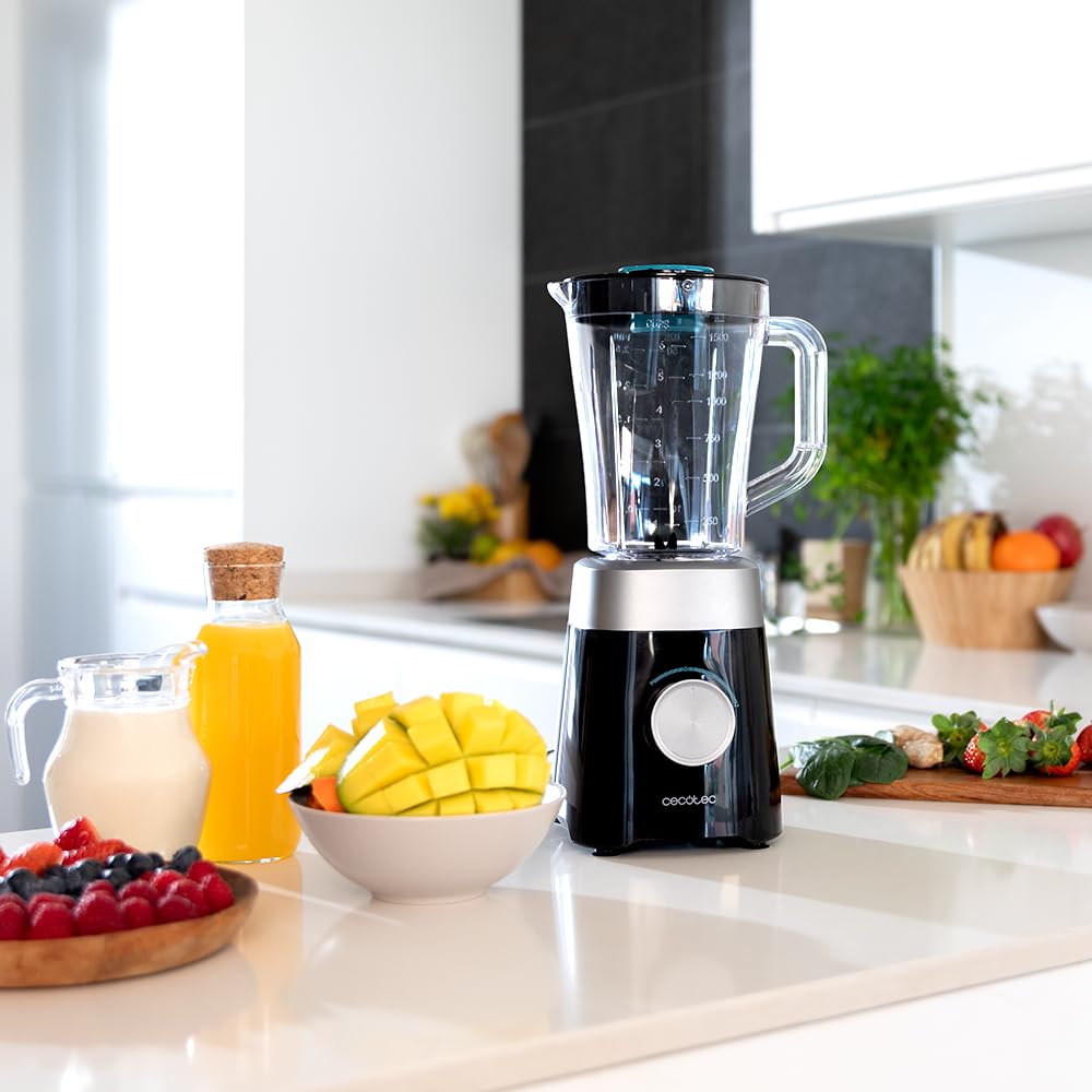 Cecotec Batidora de Vaso con Jarra de 1,5L Power Black Titanium 1300MAX B Pro. 1300W Potencia Máxima, 20000RPM, Cuchillas 4 Hojas de Titanio, 2 Velocidades + Función Pulse, Pica Hielo Fácil