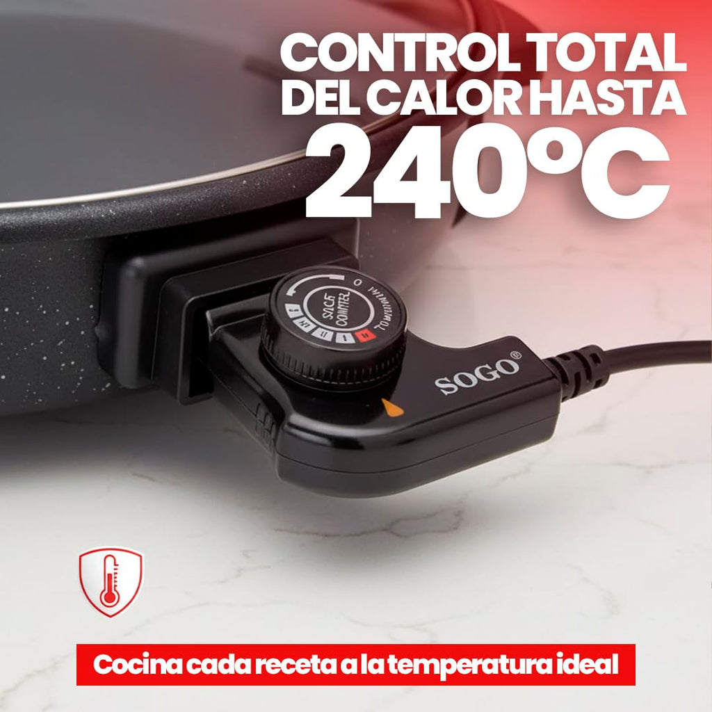 SOGO Sartén Paellera eléctrica con Tapa de Cristal Reforzado y Recubrimiento antiadherente | Ø interior 30 cm | profundidad 5 cm | termostato ajustable hasta 240º C | 1500W | SIN PFOA