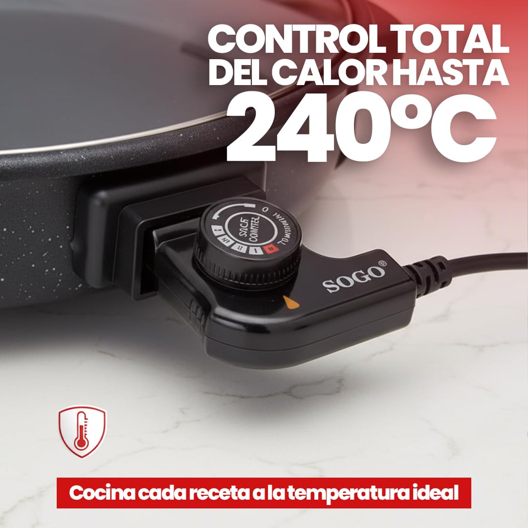 SOGO Sartén Paellera eléctrica con Tapa de Cristal Reforzado y Recubrimiento antiadherente | Ø interior 30 cm | profundidad 5 cm | termostato ajustable hasta 240º C | 1500W | SIN PFOA