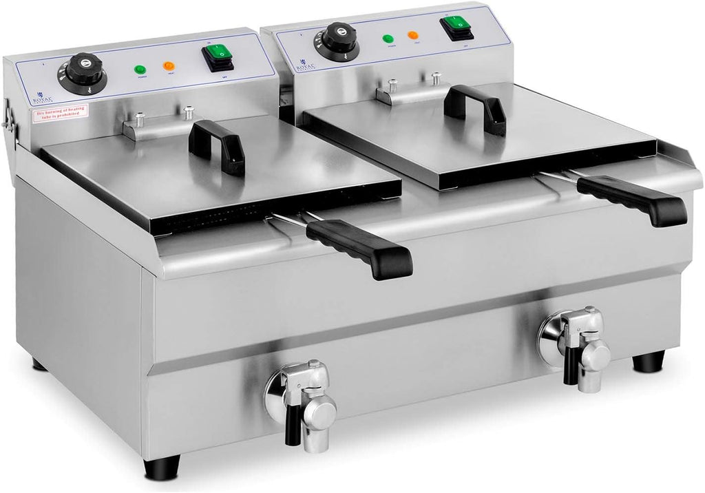 Royal Catering Freidora Eléctrica Doble Para Hostelería 2 x 13 Litros 230 V RCEF 13DB (2 x 3.200 W, Grifos De Vaciado, Temperatura: 50-200 °C)