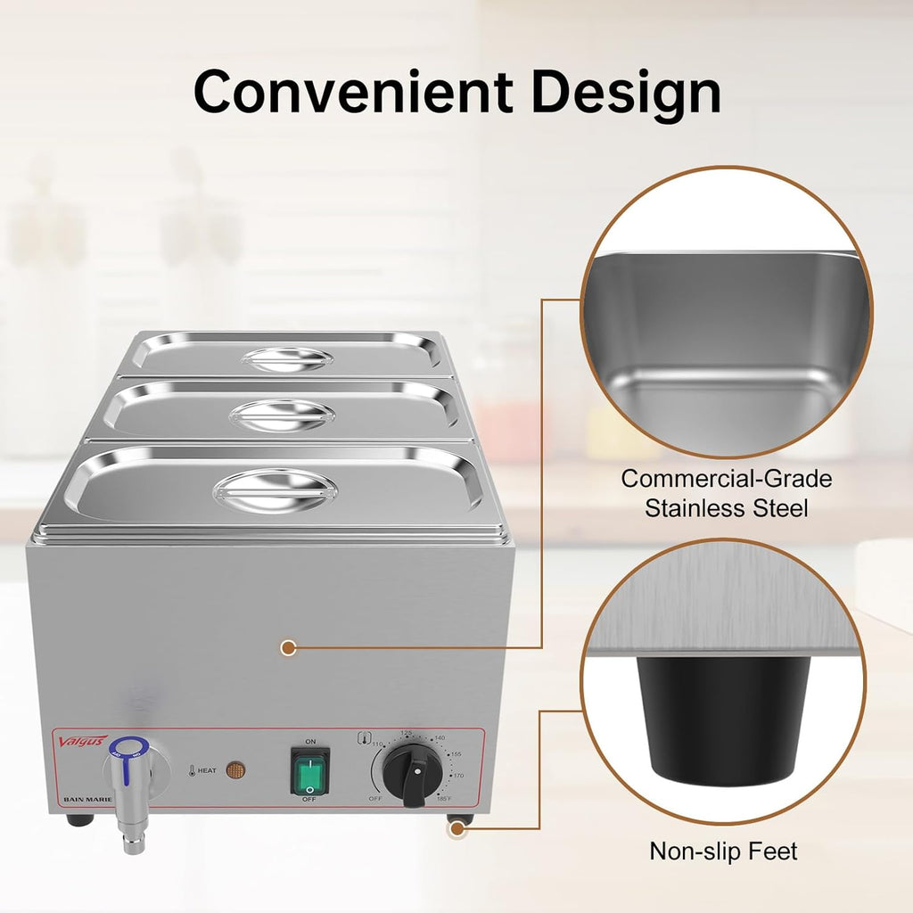 Valgus Calentador de Vapor eléctrico de sobremesa Commercial Stainless Steel 3 Sections 16L Bain Marie con Tapa y Grifo para Fiestas, Banquetes y Catering