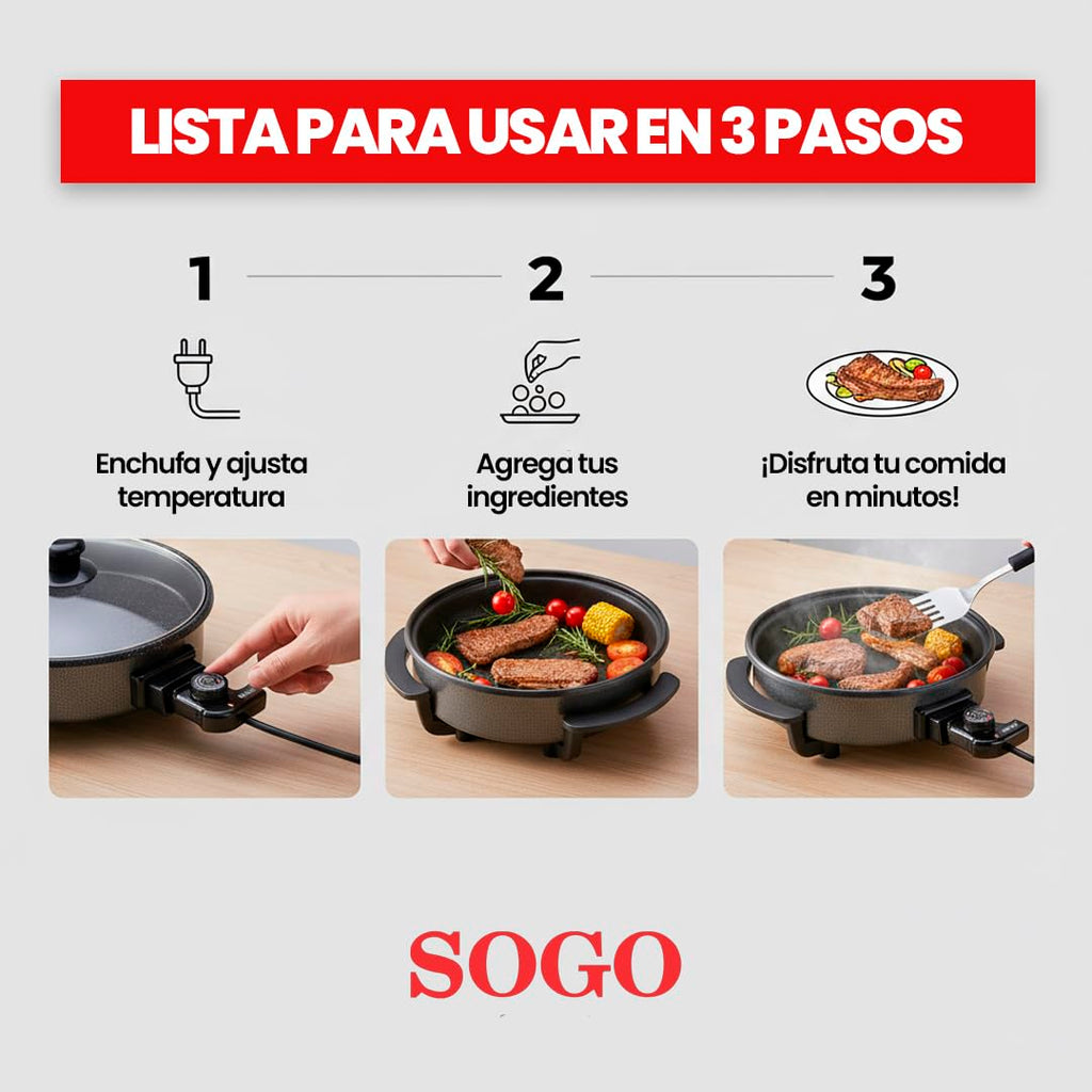 SOGO Sartén Paellera eléctrica con Tapa de Cristal Reforzado y Recubrimiento antiadherente | Ø interior 30 cm | profundidad 5 cm | termostato ajustable hasta 240º C | 1500W | SIN PFOA