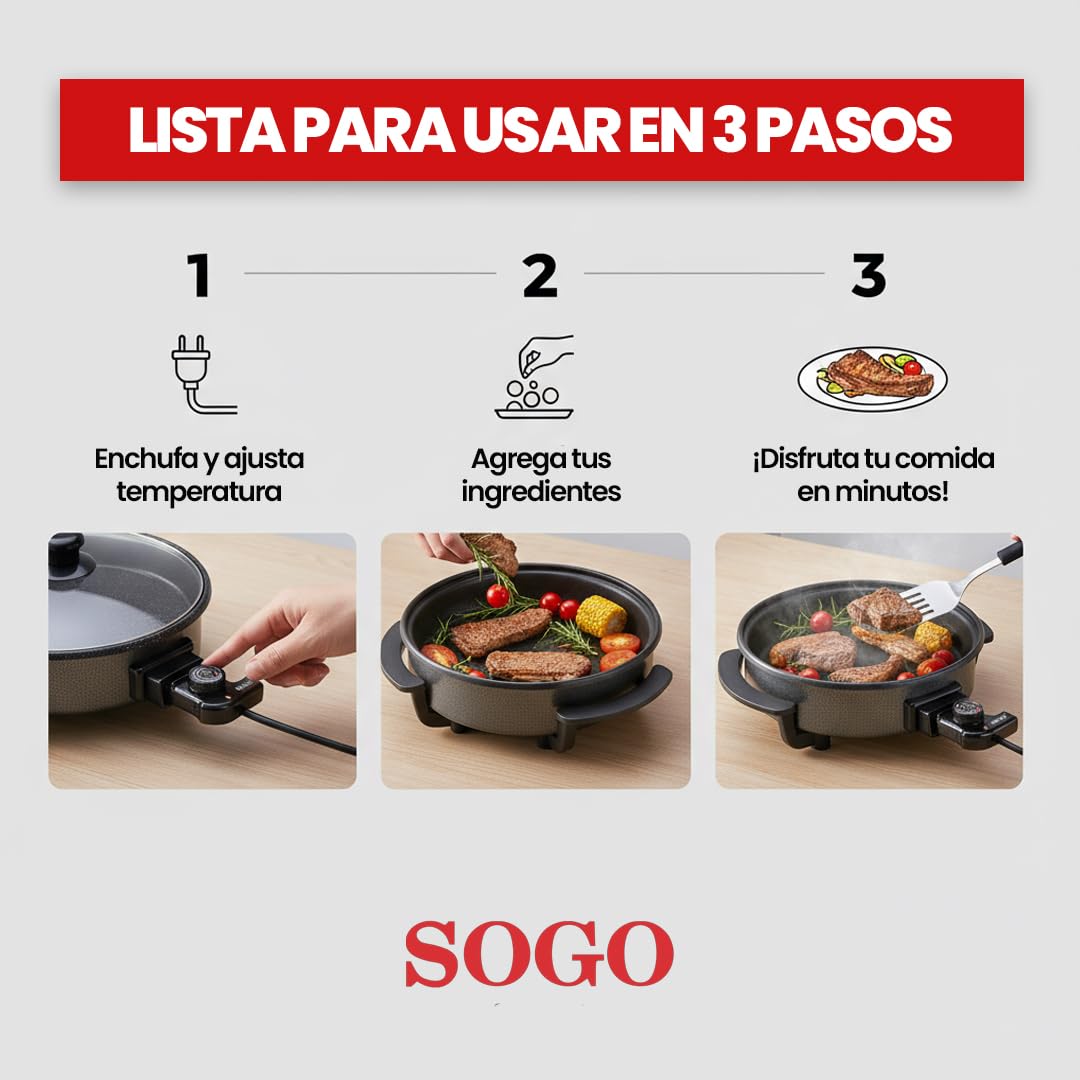 SOGO Sartén Paellera eléctrica con Tapa de Cristal Reforzado y Recubrimiento antiadherente | Ø interior 30 cm | profundidad 5 cm | termostato ajustable hasta 240º C | 1500W | SIN PFOA