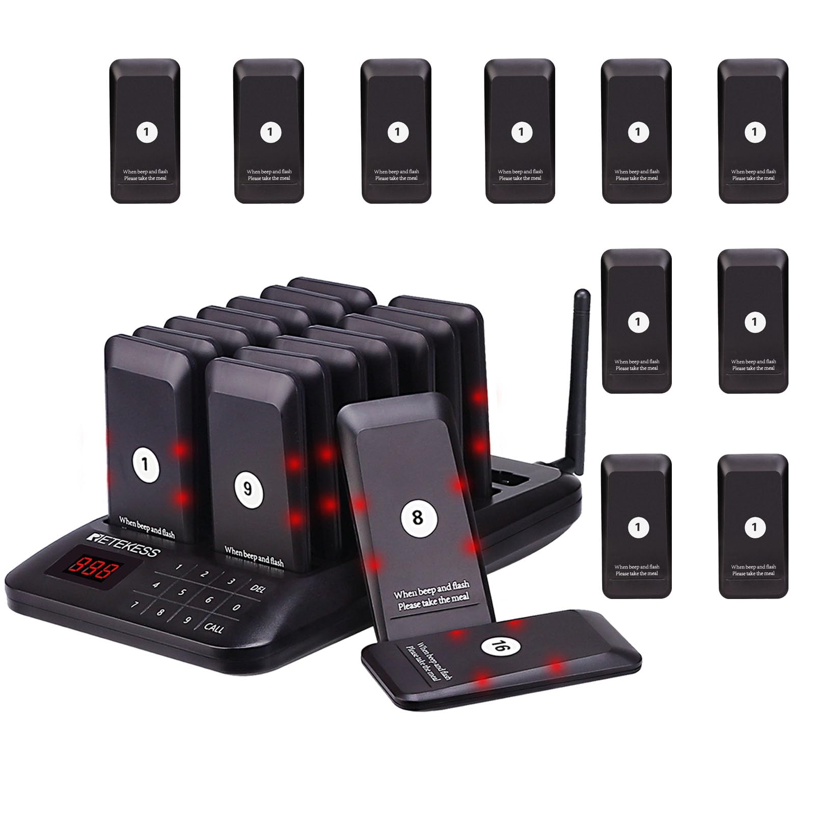 Retekess TD157 Sistema de Llamadas Restaurante, Avisadores Hosteleria, 500M, Fácil De Usar, Estabilidad de La Señal, Batería 300 mAh 20H, para Hotele, Pub, Hospitale (16 Buscapersonas)