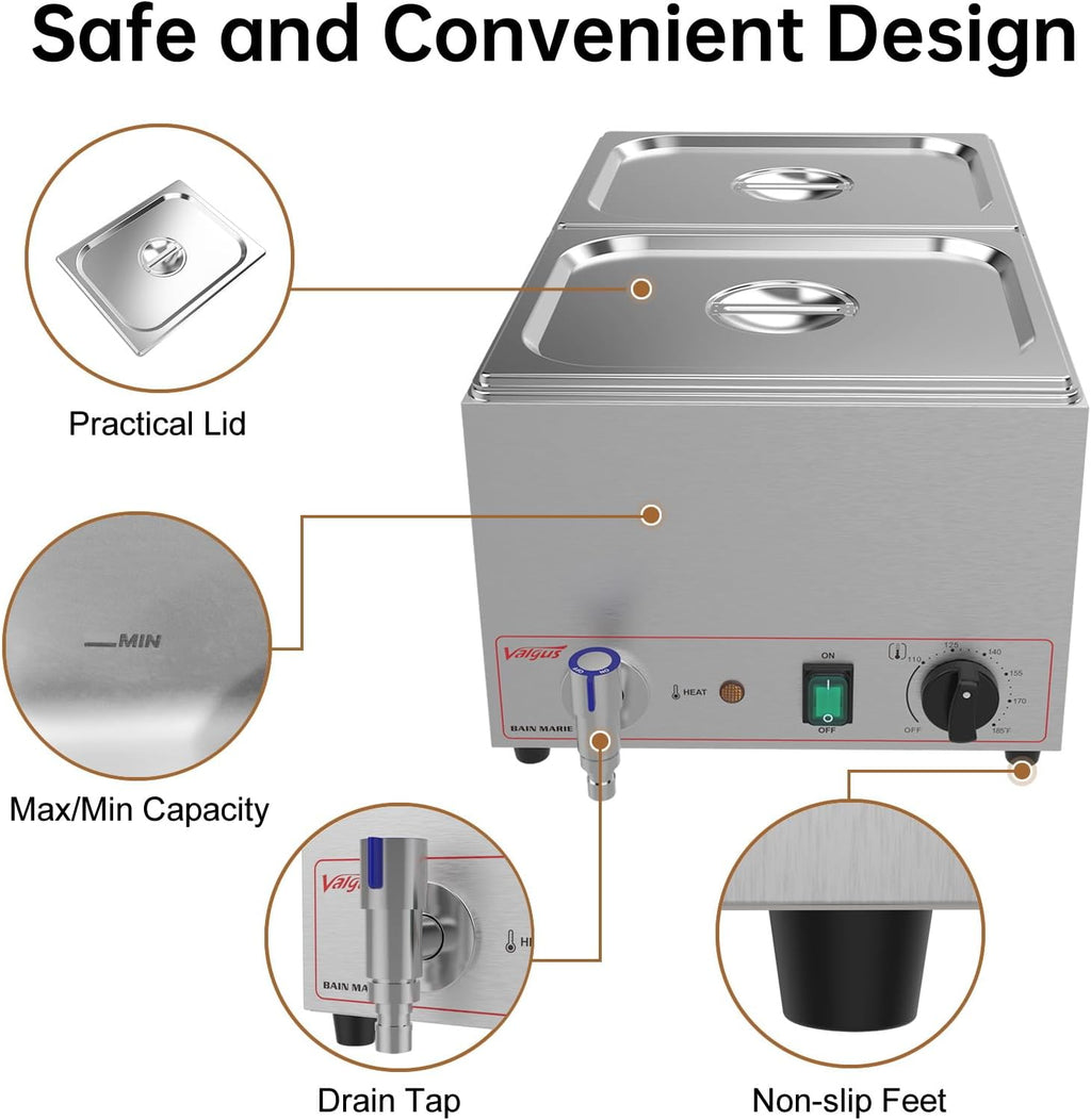Valgus Calentador de Vapor eléctrico de sobremesa Commercial Stainless Steel 3 Sections 16L Bain Marie con Tapa y Grifo para Fiestas, Banquetes y Catering