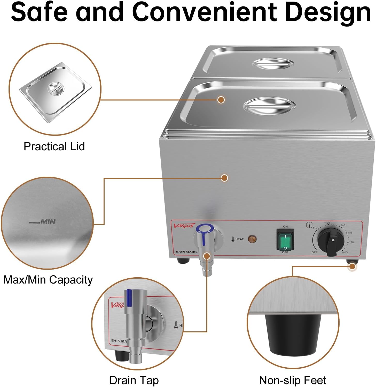 Valgus Calentador de Vapor eléctrico de sobremesa Commercial Stainless Steel 3 Sections 16L Bain Marie con Tapa y Grifo para Fiestas, Banquetes y Catering