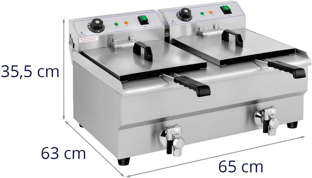 Royal Catering Freidora Eléctrica Doble Para Hostelería 2 x 13 Litros 230 V RCEF 13DB (2 x 3.200 W, Grifos De Vaciado, Temperatura: 50-200 °C)
