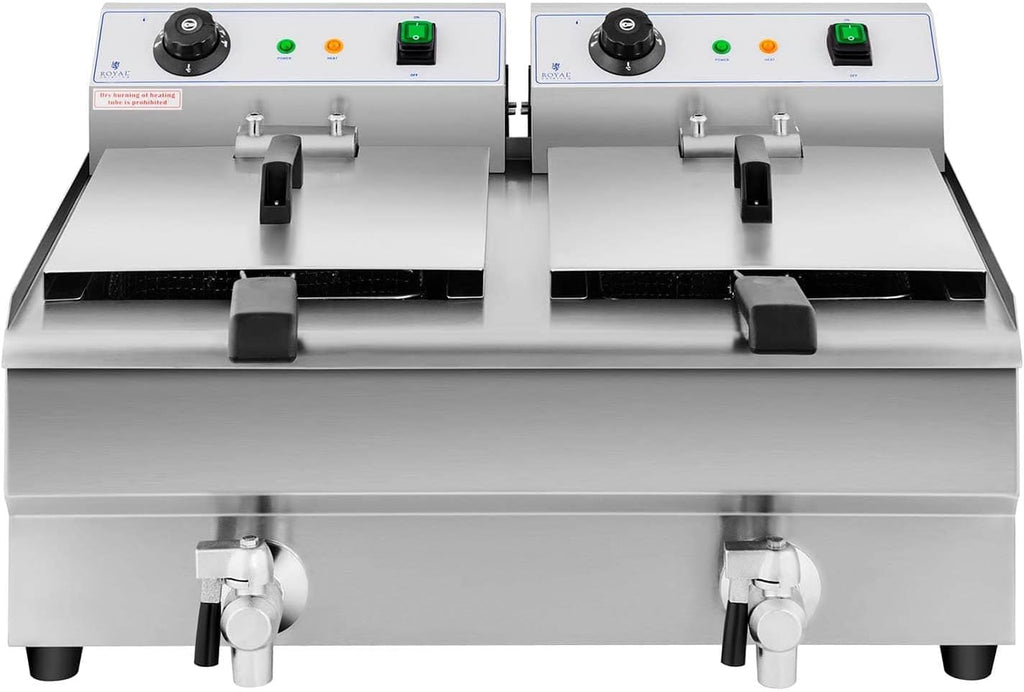 Royal Catering Freidora Eléctrica Doble Para Hostelería 2 x 13 Litros 230 V RCEF 13DB (2 x 3.200 W, Grifos De Vaciado, Temperatura: 50-200 °C)