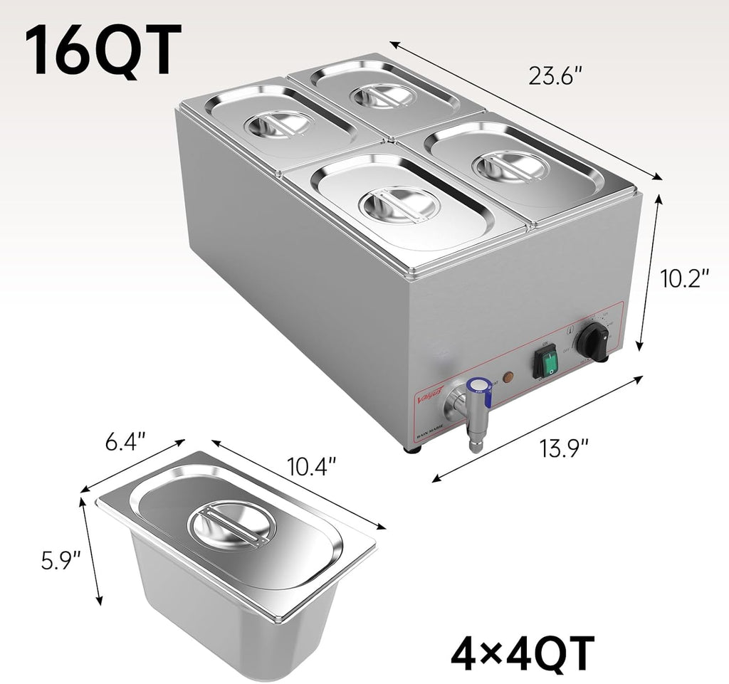 Valgus Calentador de Vapor eléctrico de sobremesa Commercial Stainless Steel 3 Sections 16L Bain Marie con Tapa y Grifo para Fiestas, Banquetes y Catering