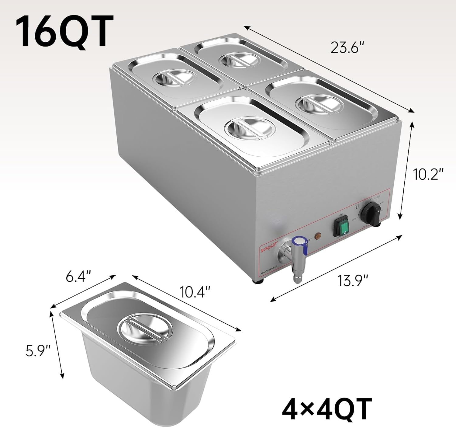 Valgus Calentador de Vapor eléctrico de sobremesa Commercial Stainless Steel 3 Sections 16L Bain Marie con Tapa y Grifo para Fiestas, Banquetes y Catering