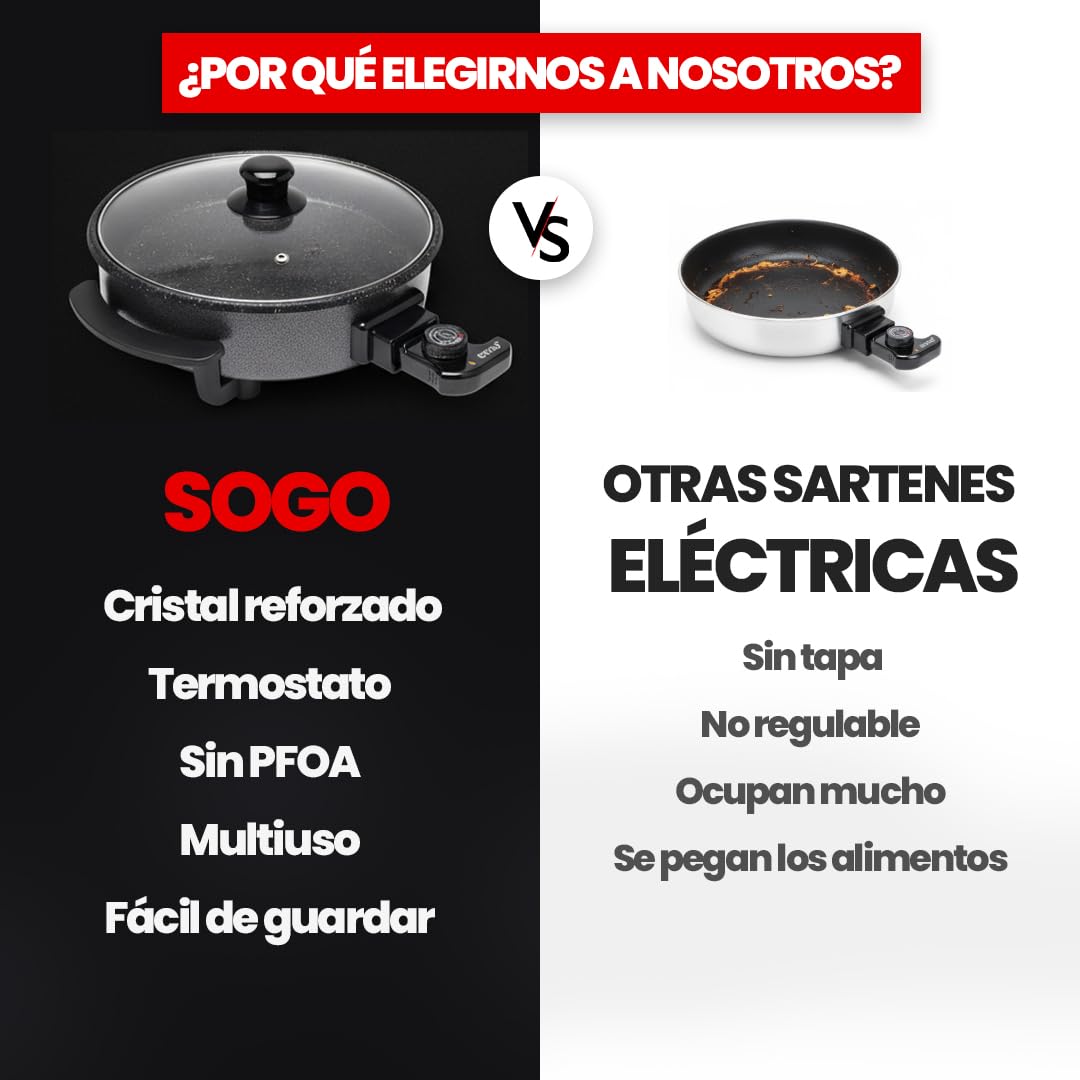 SOGO Sartén Paellera eléctrica con Tapa de Cristal Reforzado y Recubrimiento antiadherente | Ø interior 30 cm | profundidad 5 cm | termostato ajustable hasta 240º C | 1500W | SIN PFOA