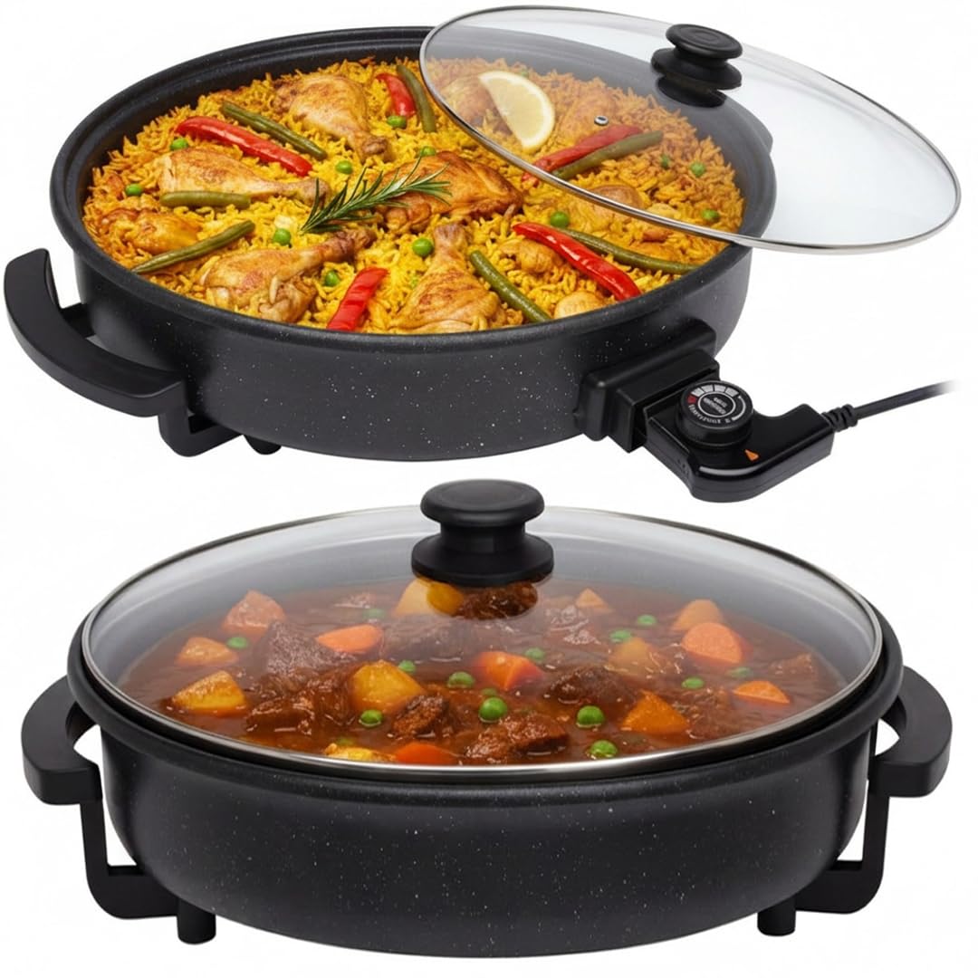 SOGO Sartén Paellera eléctrica con Tapa de Cristal Reforzado y Recubrimiento antiadherente | Ø interior 30 cm | profundidad 5 cm | termostato ajustable hasta 240º C | 1500W | SIN PFOA