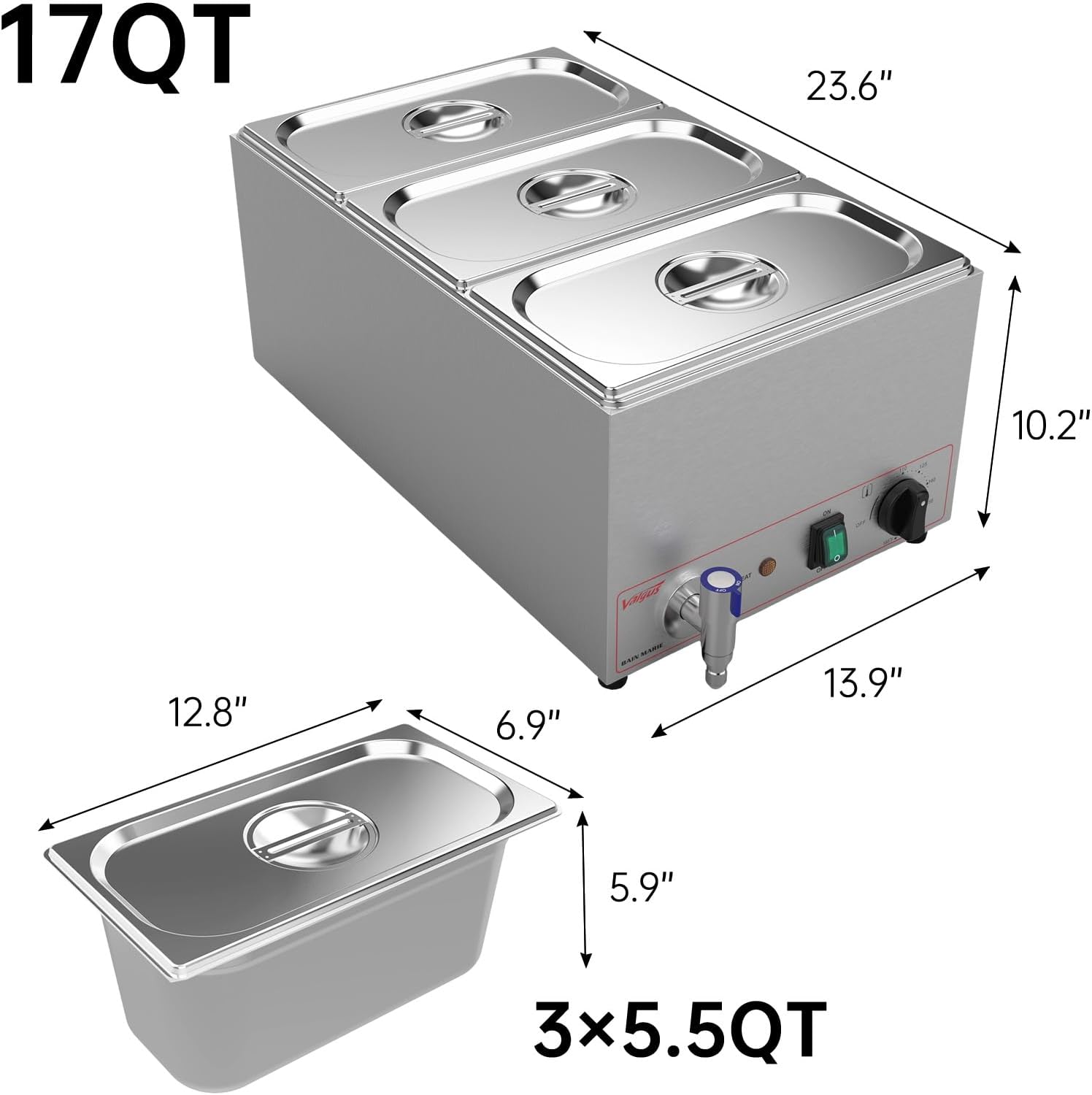 Valgus Calentador de Vapor eléctrico de sobremesa Commercial Stainless Steel 3 Sections 16L Bain Marie con Tapa y Grifo para Fiestas, Banquetes y Catering