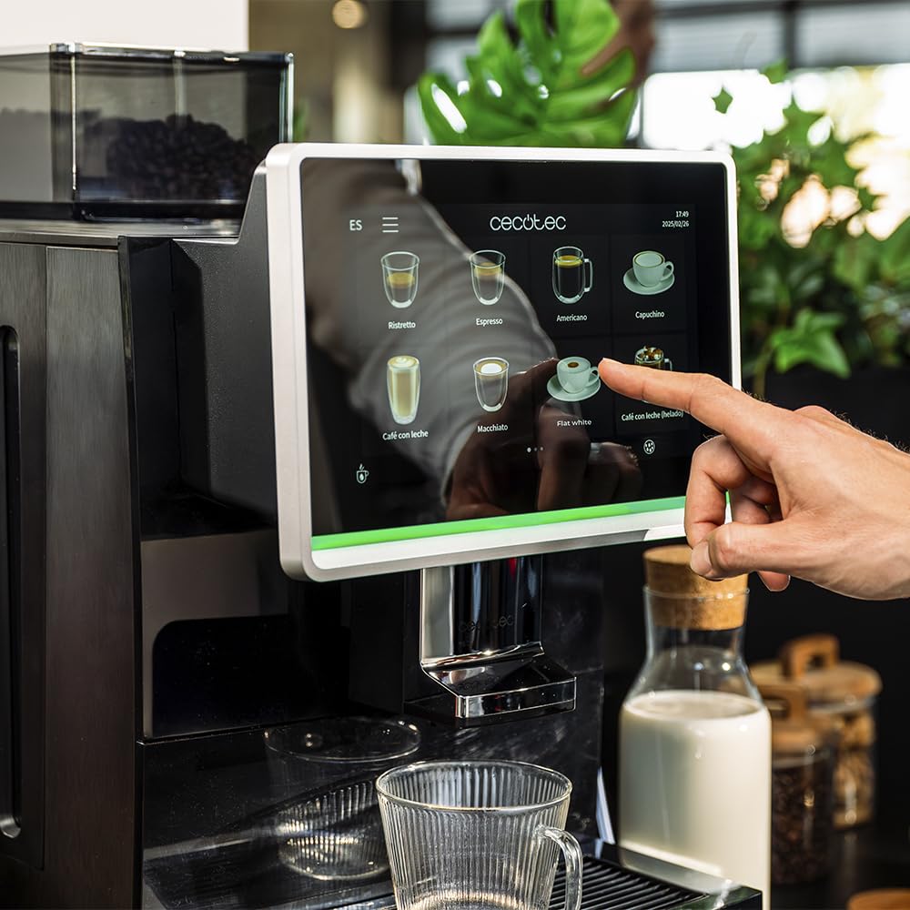 Cecotec Cafetera Superautomática Comercial Cremmaet Lounge. 2900W, Pantalla Táctil, Molido Uniforme, 2 Molinillos, 35 Bebidas, 2 Depósitos de Café en Grano 700gr y 2 Depósito para Leche en Polvo
