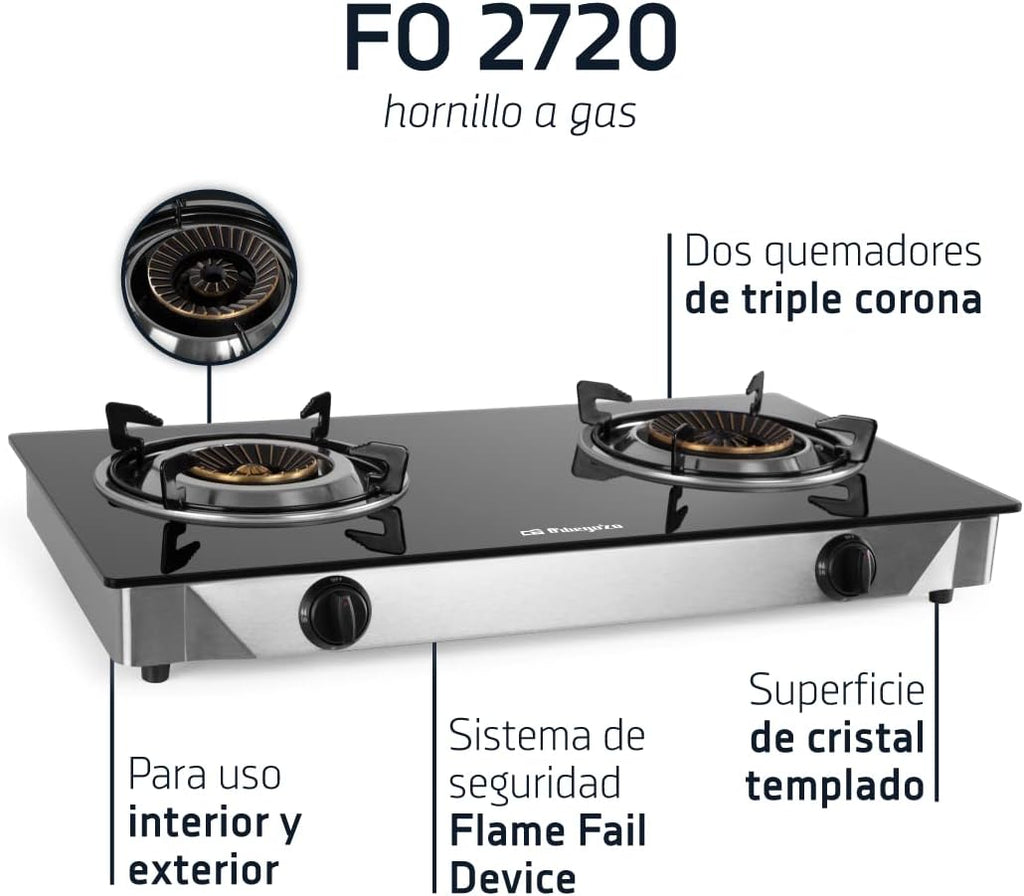 Orbegozo FO 2720, Hornillo de gas, 2 quemadores de triple corona, sistema seguridad FFD, apto para gas butano y propano, superficie cristal negro, cuerpo acero inox