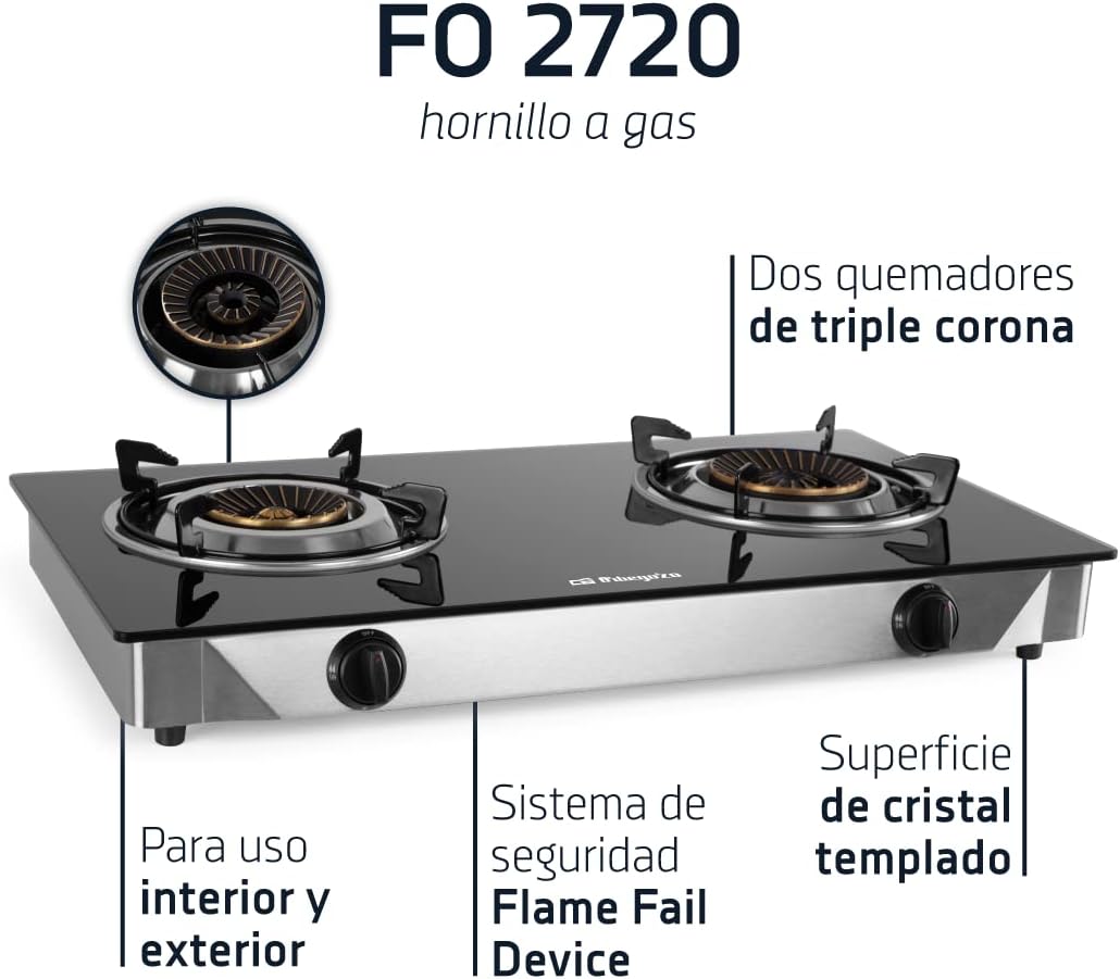 Orbegozo FO 2720, Hornillo de gas, 2 quemadores de triple corona, sistema seguridad FFD, apto para gas butano y propano, superficie cristal negro, cuerpo acero inox