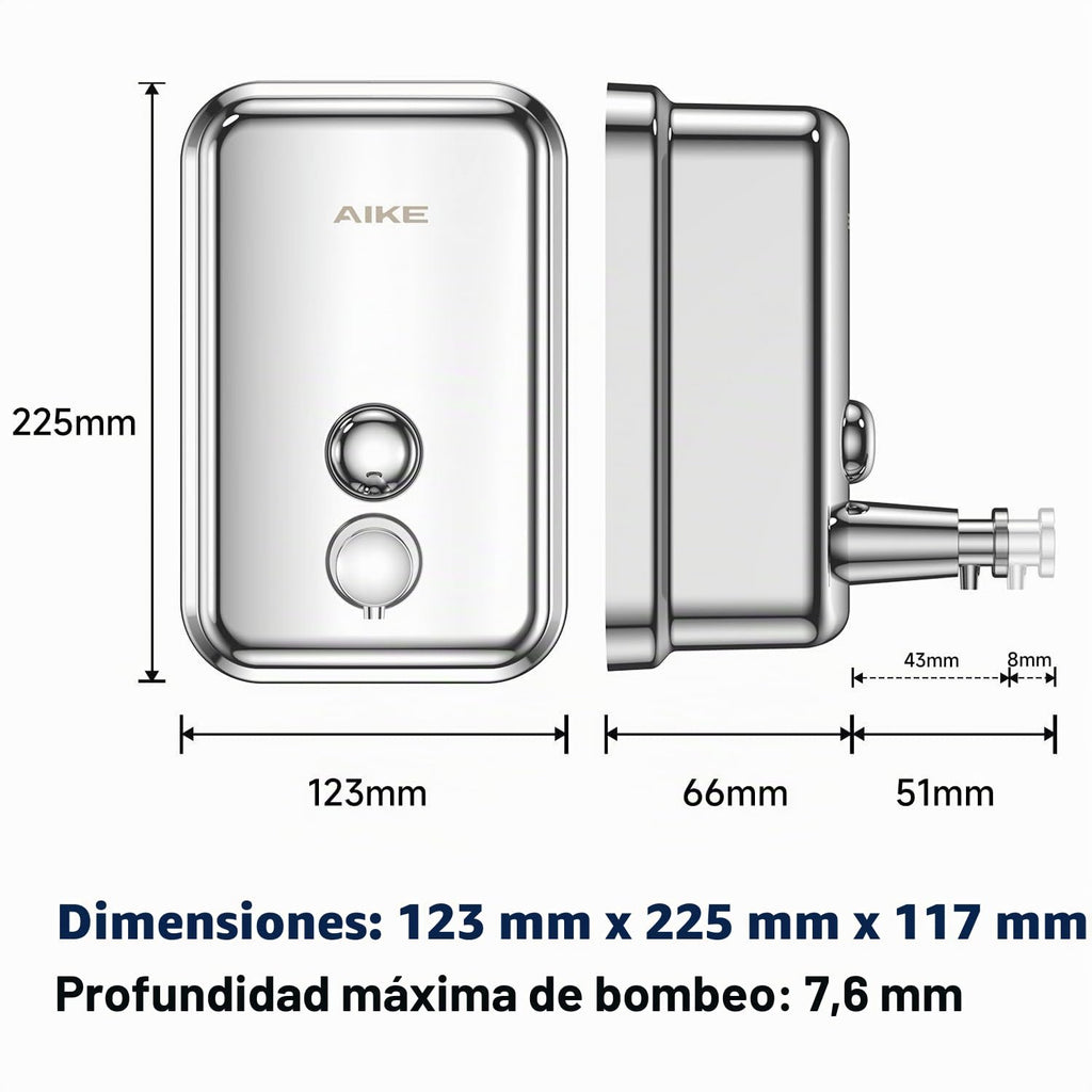 AIKE AK1001 Dispensador de Jabon de Manos, Comercial Dispensador de Jabón Pared de Acero Inoxidable Recargable (Pulido 500ML)