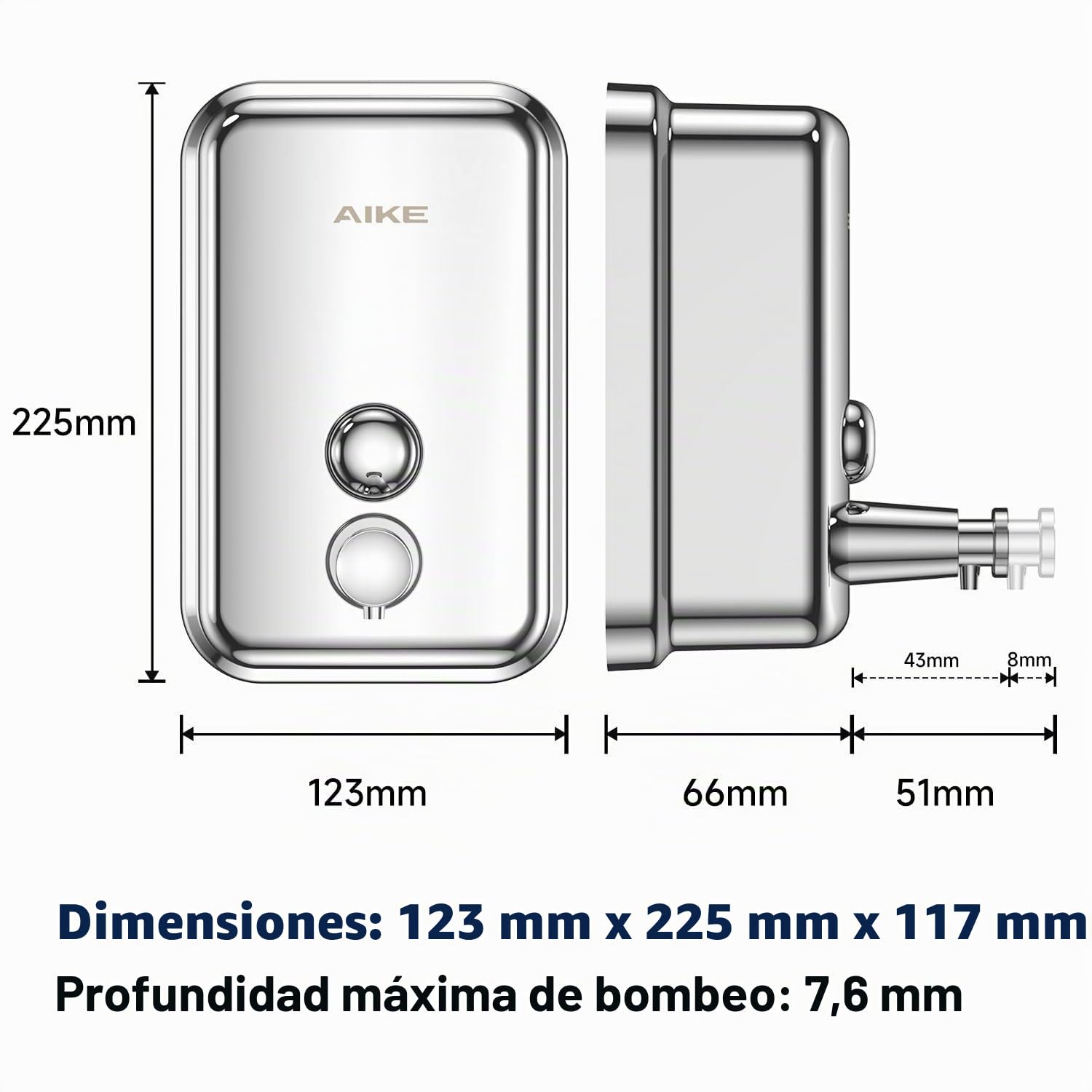 AIKE AK1001 Dispensador de Jabon de Manos, Comercial Dispensador de Jabón Pared de Acero Inoxidable Recargable (Pulido 500ML)
