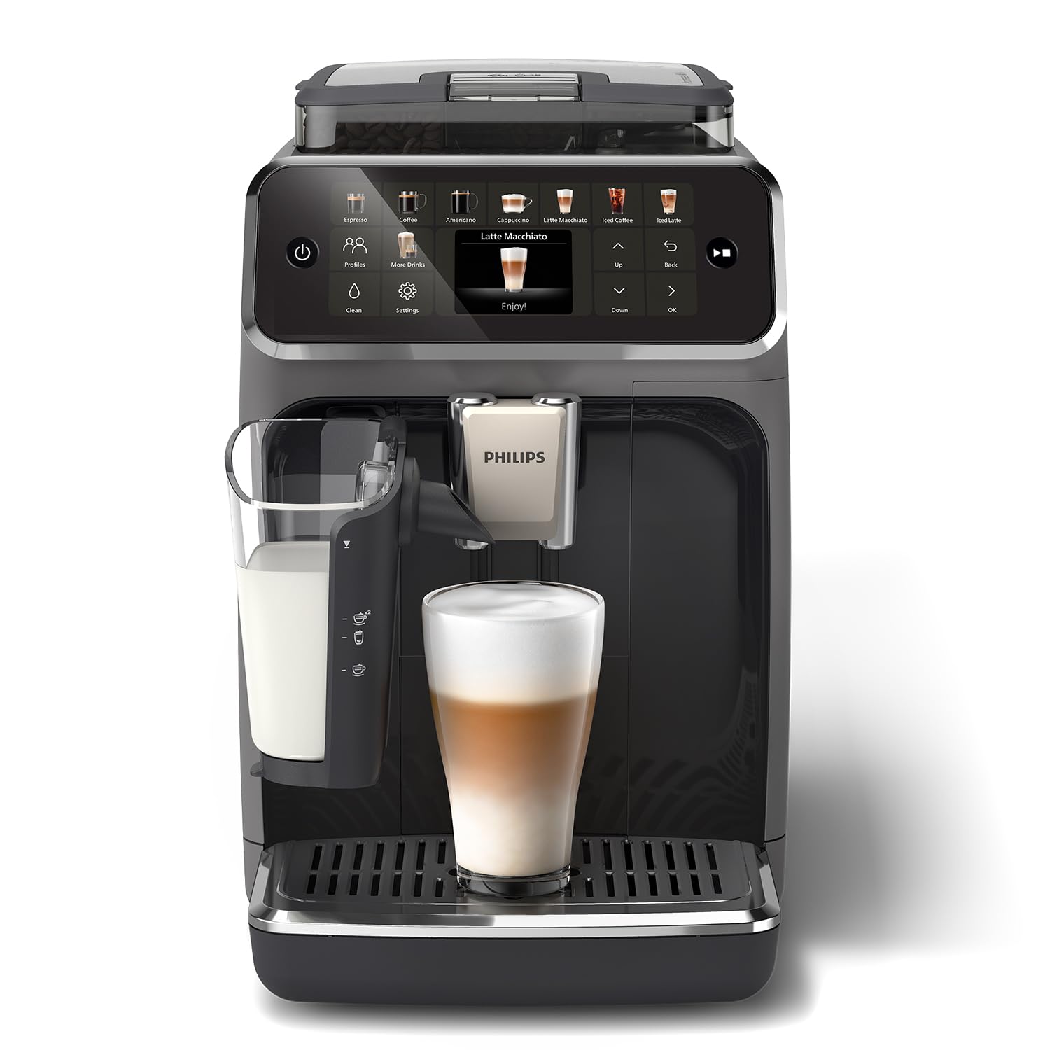 Philips Cafetera Espresso Totalmente Automática Serie 5500-20 Cafés Calientes y con Hielo, Sistema de Leche LatteGo de Limpieza Rápida, 40% más Silenciosa con SilentBrew, QuickStart, Gris (EP5544/50)