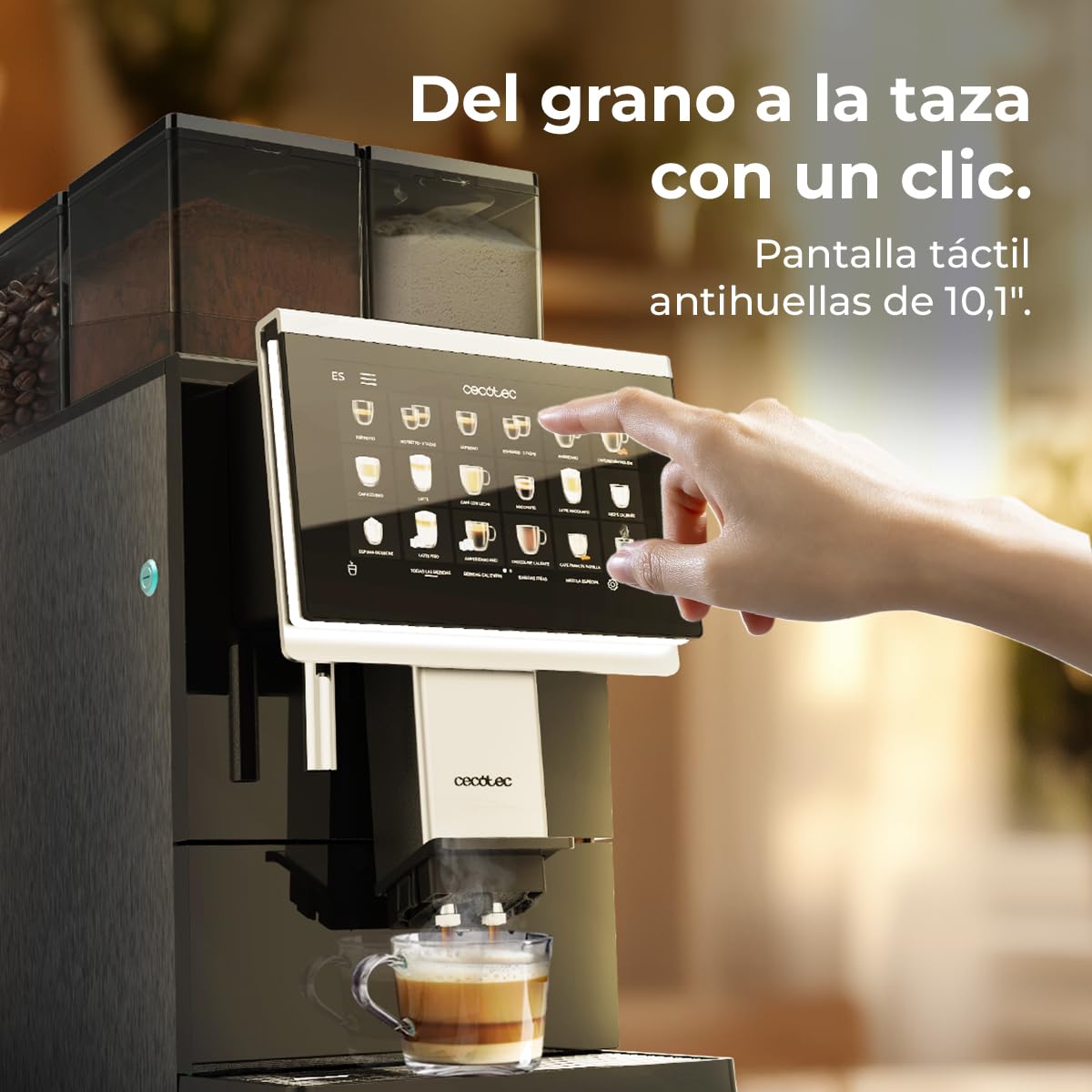 Cecotec Cafetera Superautomática Comercial Cremmaet Lounge. 2900W, Pantalla Táctil, Molido Uniforme, 2 Molinillos, 35 Bebidas, 2 Depósitos de Café en Grano 700gr y 2 Depósito para Leche en Polvo