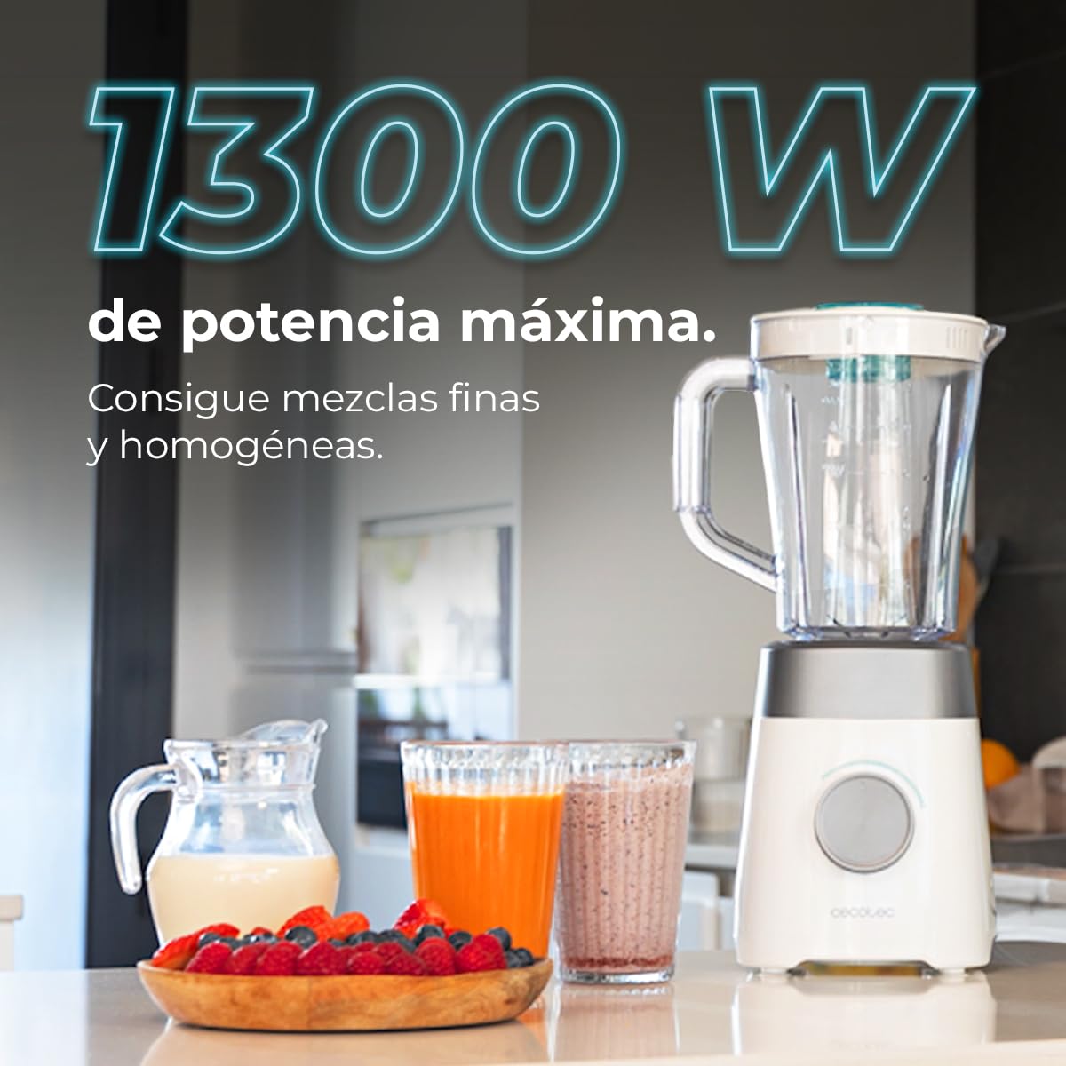 Cecotec Batidora de Vaso con Jarra de 1,5L Power Black Titanium 1300MAX B Pro. 1300W Potencia Máxima, 20000RPM, Cuchillas 4 Hojas de Titanio, 2 Velocidades + Función Pulse, Pica Hielo Fácil
