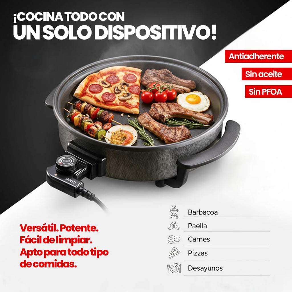 SOGO Sartén Paellera eléctrica con Tapa de Cristal Reforzado y Recubrimiento antiadherente | Ø interior 30 cm | profundidad 5 cm | termostato ajustable hasta 240º C | 1500W | SIN PFOA