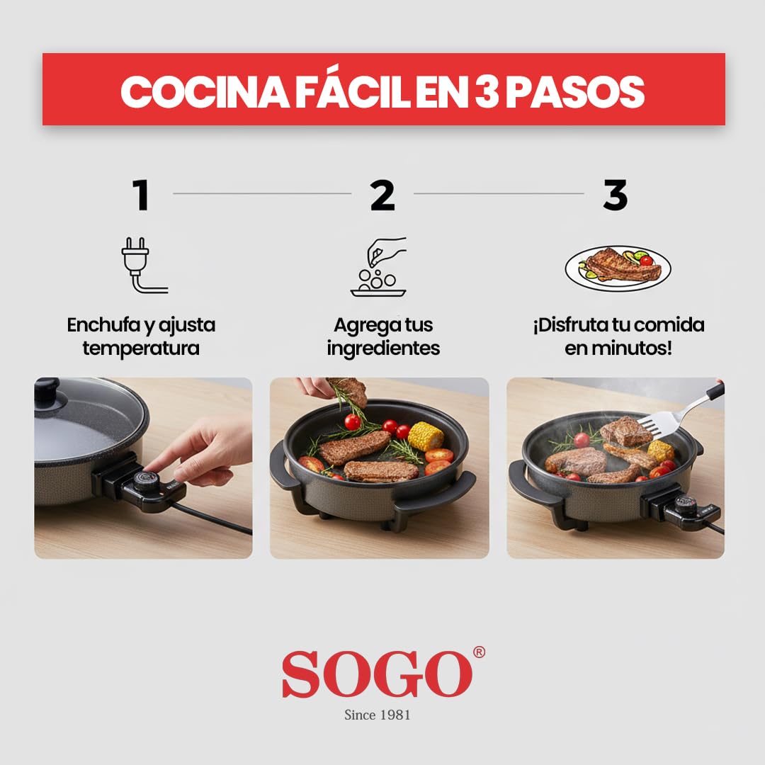 SOGO Sartén Paellera eléctrica con Tapa de Cristal Reforzado y Recubrimiento antiadherente | Ø interior 30 cm | profundidad 5 cm | termostato ajustable hasta 240º C | 1500W | SIN PFOA