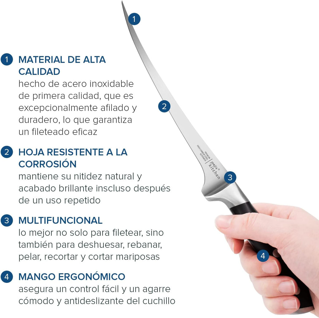 joeji's Kitchen Cuchillo Deshuesador y Filetear 32cm | Hoja Flexible Acero Inoxidable | Deshuesar, Filetear, Recortar Carne y Pescado | Mango Ergonómico y Funda