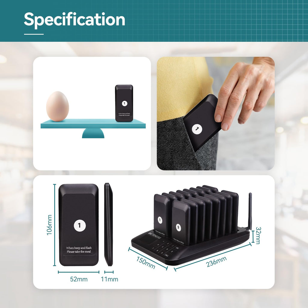 Retekess TD157 Sistema de Llamadas Restaurante, Avisadores Hosteleria, 500M, Fácil De Usar, Estabilidad de La Señal, Batería 300 mAh 20H, para Hotele, Pub, Hospitale (16 Buscapersonas)