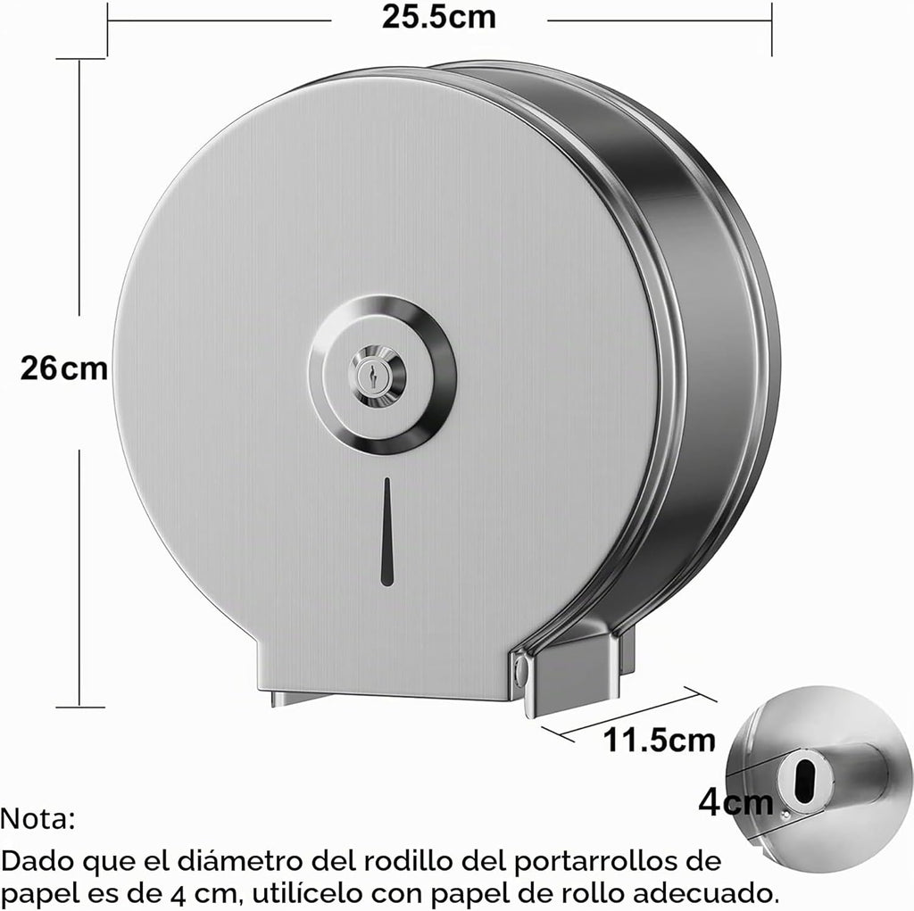 Dispensador de Toallas de Papel – Acero Inoxidable Toallero con Cerradura – Dispensadores de Papel higiénico – Diámetro 255mm, Mandril 40mm