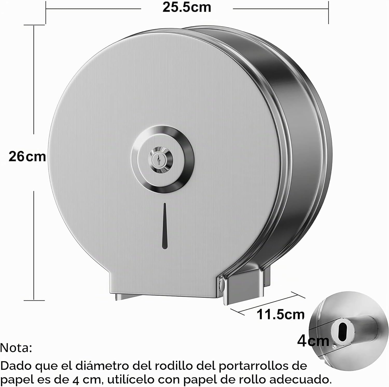Dispensador de Toallas de Papel – Acero Inoxidable Toallero con Cerradura – Dispensadores de Papel higiénico – Diámetro 255mm, Mandril 40mm