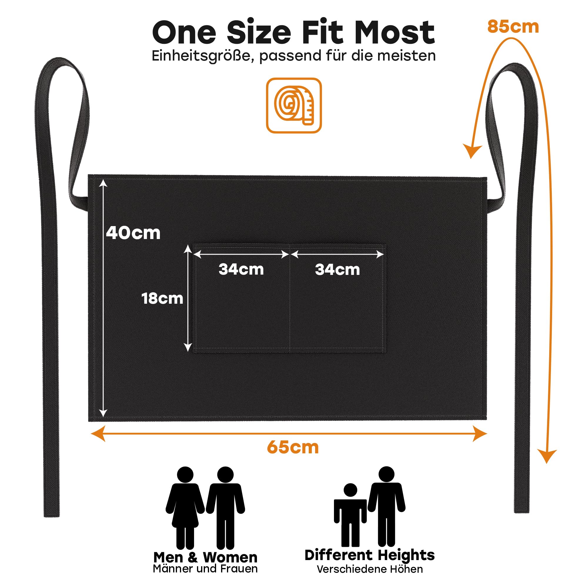 LEFUNDA® Delantal de Cocina Impermeable con 3 Bolsillos Ajustable, Delantal de Barbacoa con Correas Largas, Delantal de Cocina para Hombres y Mujeres, Cocinar, Restaurante, Café, Hornear (Negro)