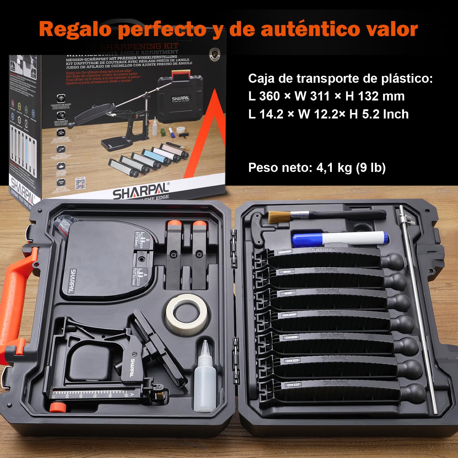 SHARPAL 202H Sistema de afilado de precisión, ángulo ajustable 10-35° | Kit de afilado, 7 placas abrasivas: diamante 220/325/600/1000, piedra 3000/6000, asentador de cuero, estuche para regalo
