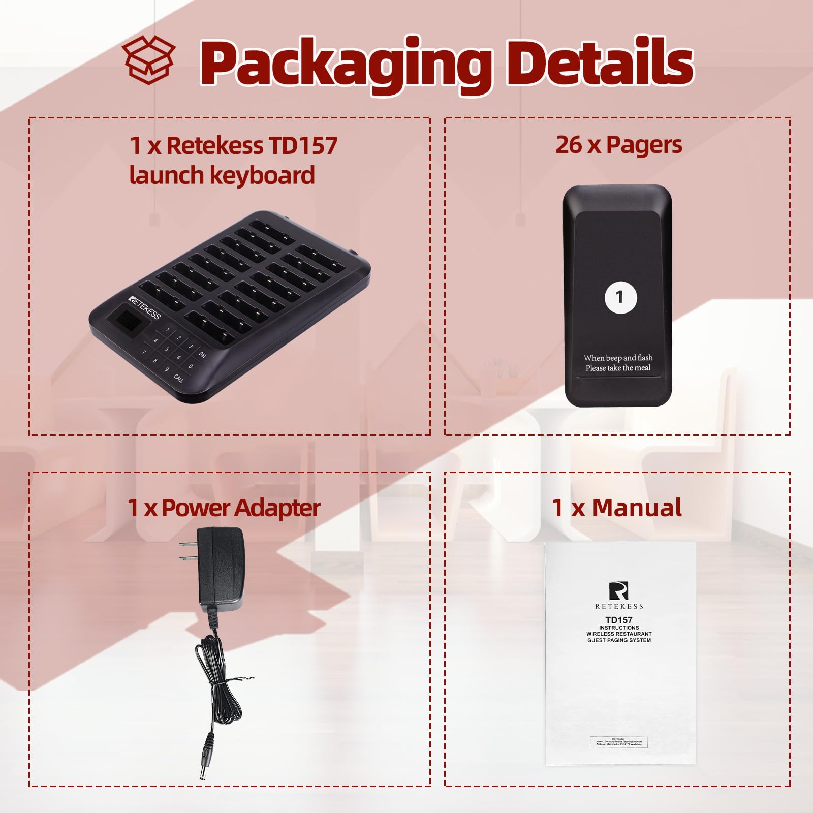 Retekess TD157 Sistema de Llamadas Restaurante, Avisadores Hosteleria, 500M, Fácil De Usar, Estabilidad de La Señal, Batería 300 mAh 20H, para Hotele, Pub, Hospitale (16 Buscapersonas)
